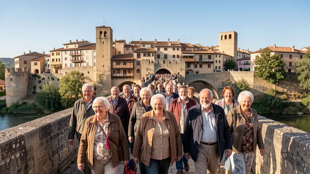 Gent gran visitant el pont medieval de Besalú.