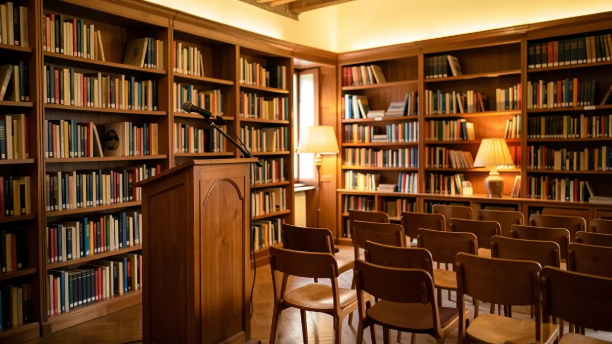 Generic image of a library with a podium and empty chairs.