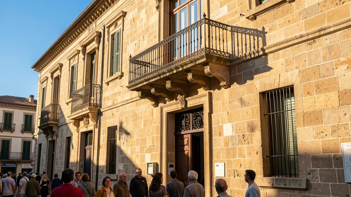 Facade of a Mediterranean town hall with a balcony and blue sky.