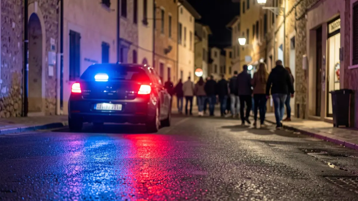 Imatge genèrica de llums d'emergència policials reflectint-se en asfalt mullat a la nit.