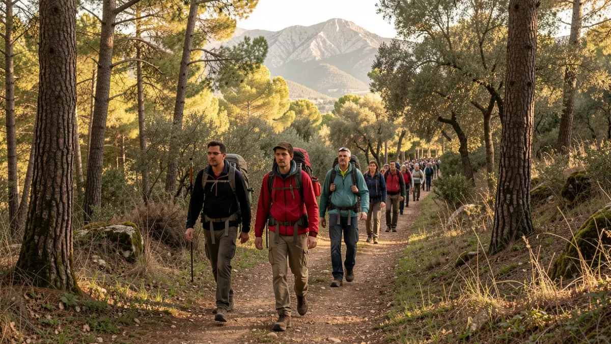 Hikers walking through a Mediterranean forest in Les Gavarres, commemorating Isabel Vila.