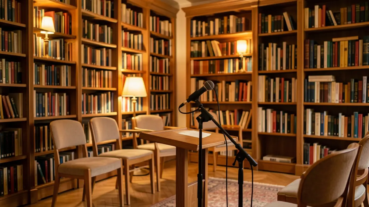 Imatge genèrica d'una biblioteca amb un micròfon i cadires buides.