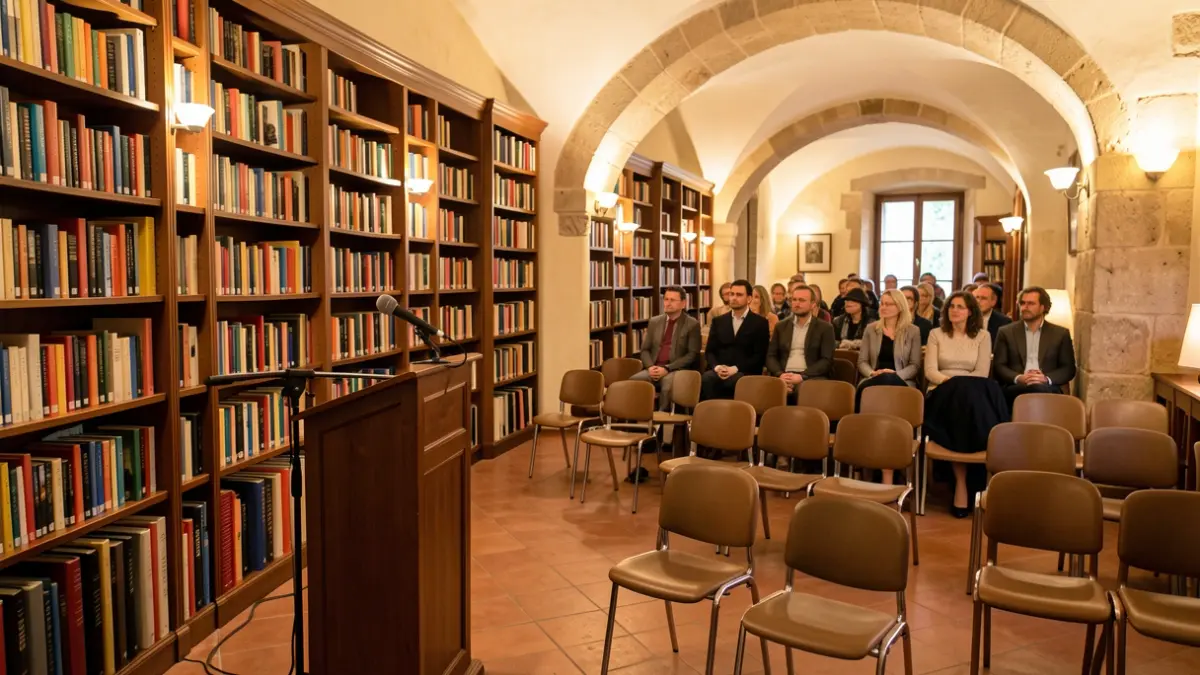 Interior d'una biblioteca amb prestatgeries plenes de llibres i un micròfon en un faristol.