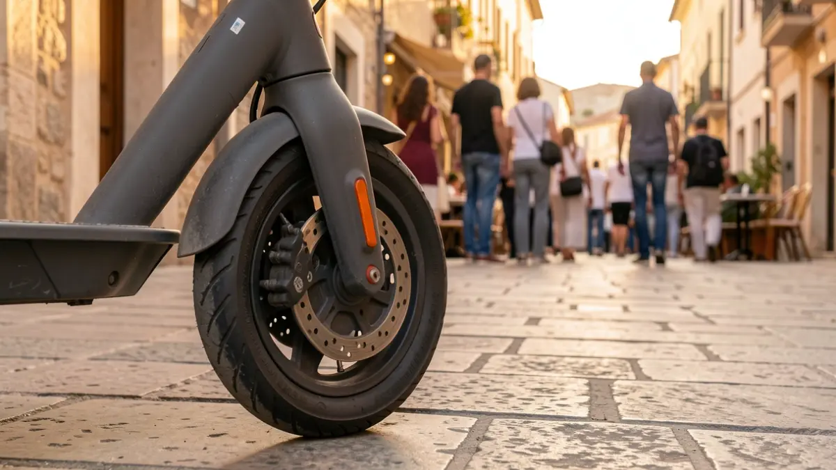 Rueda de un patinete eléctrico aparcado en una calle empedrada de una ciudad mediterránea al atardecer.