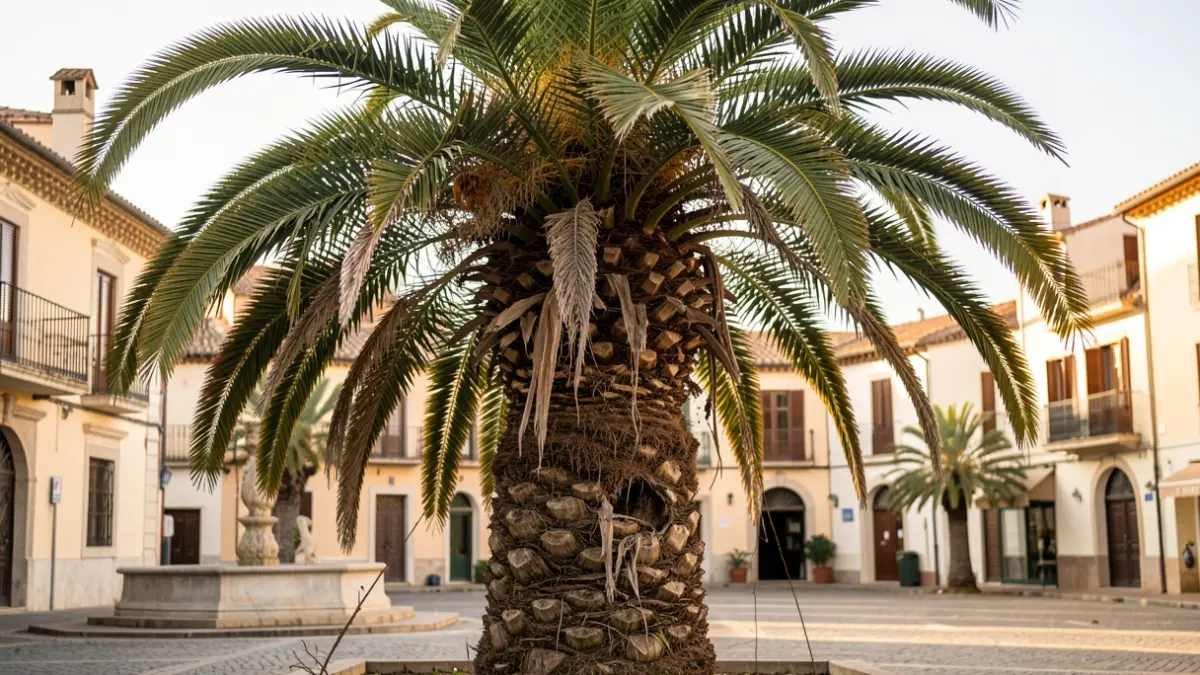 Palmera afectada per la plaga del morrut roig a la plaça del Rei d'Igualada.