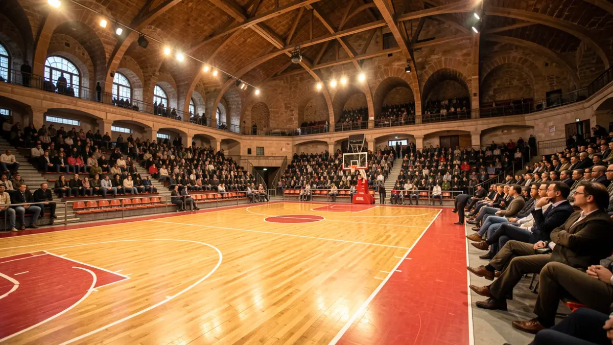 Generic image of an indoor basketball court.