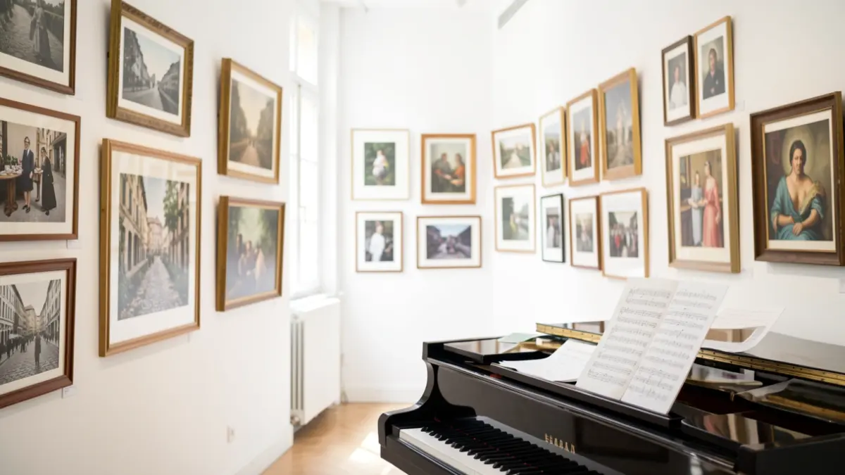 Art exhibition space with photographs, paintings, and a piano.