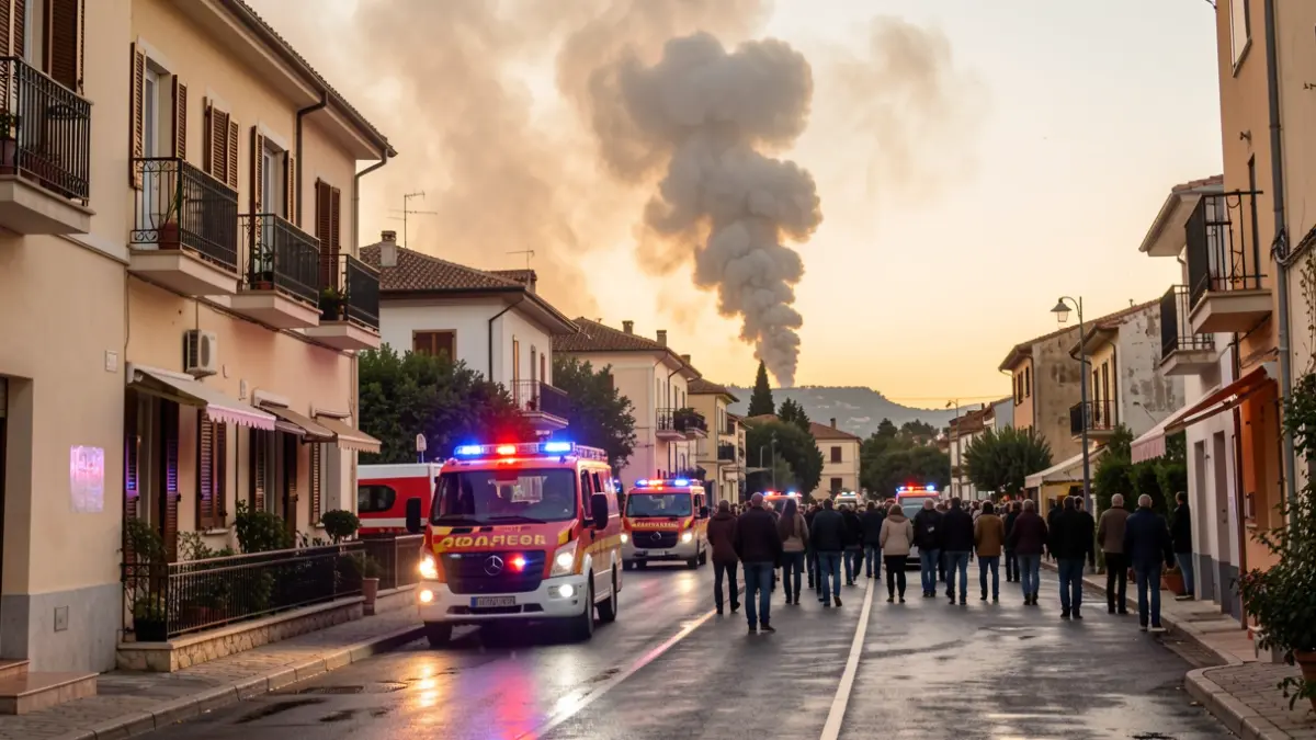 Imatge genèrica d'un incendi en un edifici residencial amb fum i llums d'emergència.