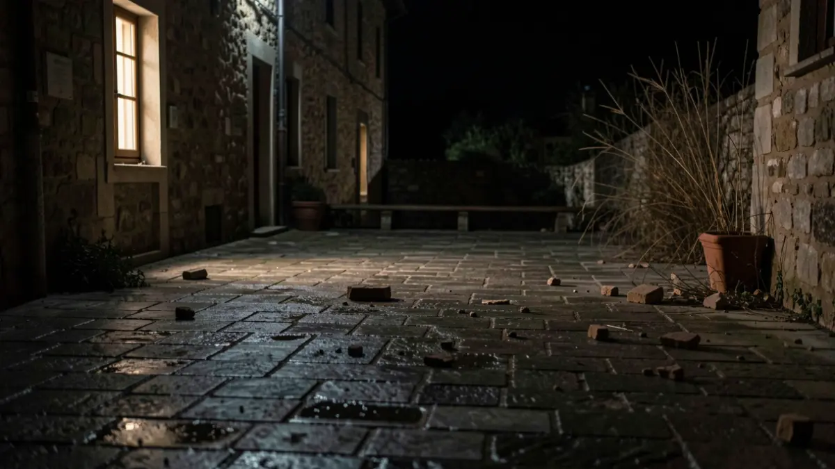 Imagen genérica de un patio húmedo y oscuro con restos, sugiriendo un incidente reciente.