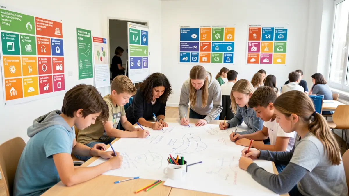 Children and teenagers participating in a meeting about the Sustainable Development Goals.