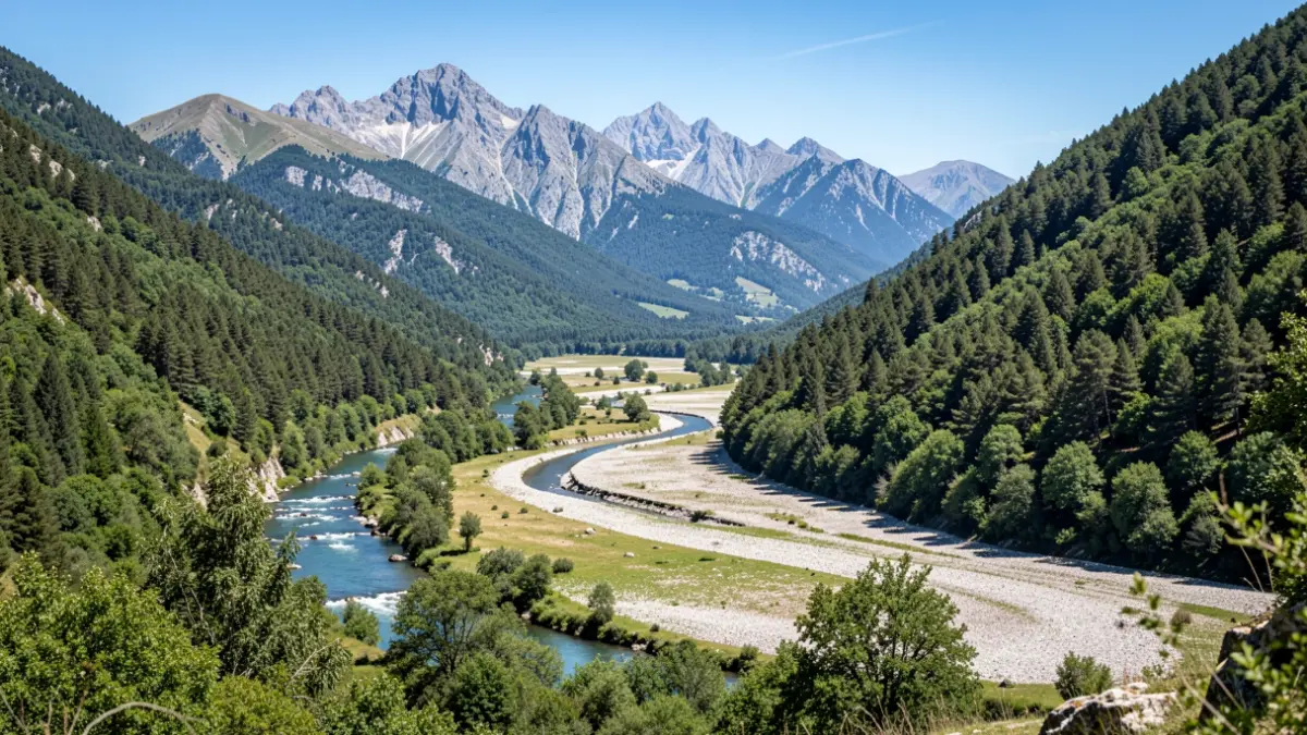 Imatge genèrica de paisatge pirinenc amb riu i boscos.