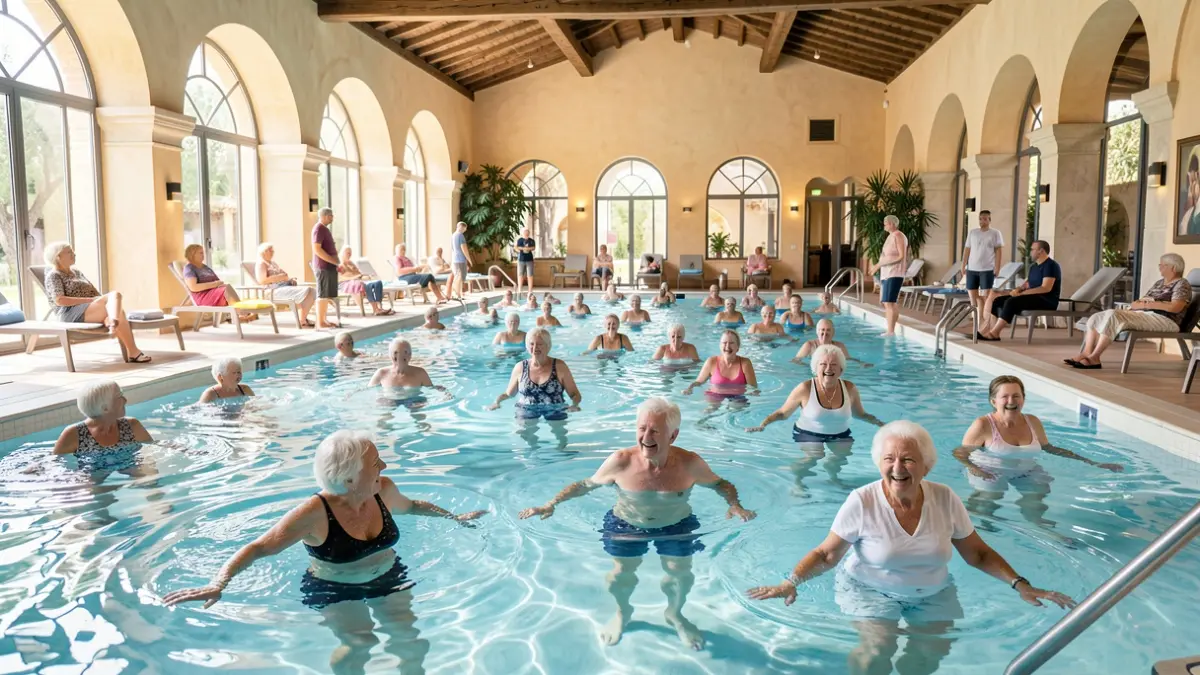 Elderly people doing water aerobics in a municipal indoor swimming pool.