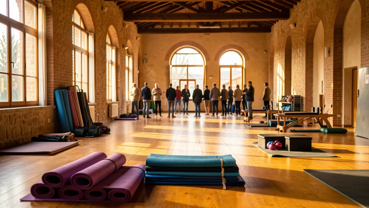 Empty municipal sports hall with yoga mats and pilates equipment.