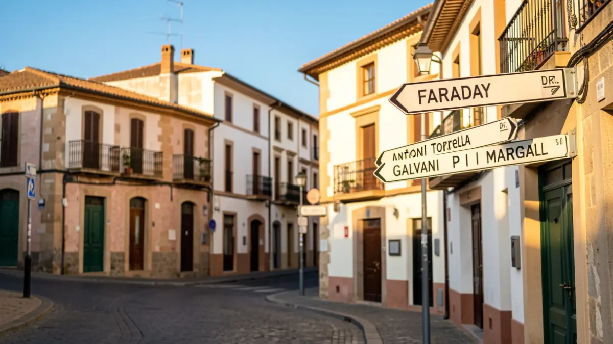 Vista de calle en Terrassa con señales de calles afectadas por obras.