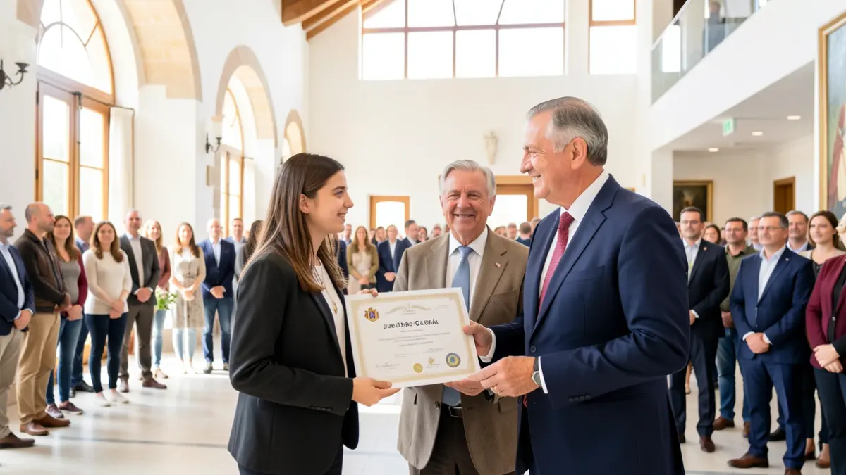 Jana Gaspà recibe un diploma de reconocimiento del alcalde y la concejala de Educación de Cambrils.