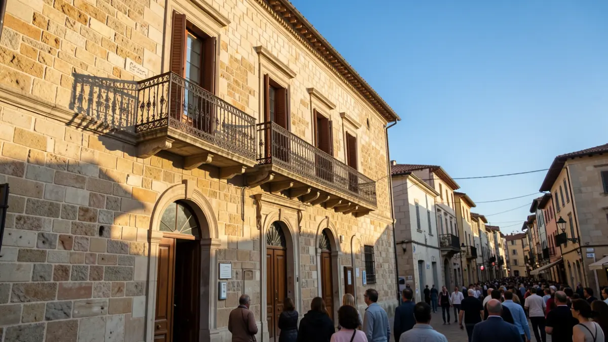 Stone town hall facade with balcony and blue sky.