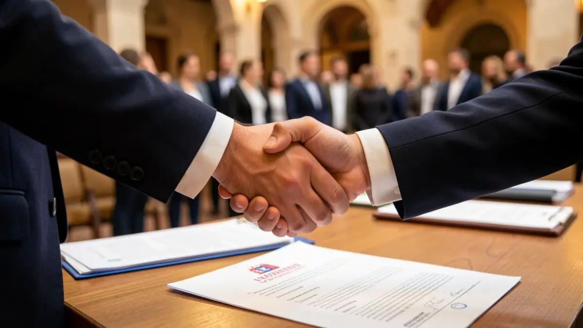 Generic image of two hands shaking over a table with documents.