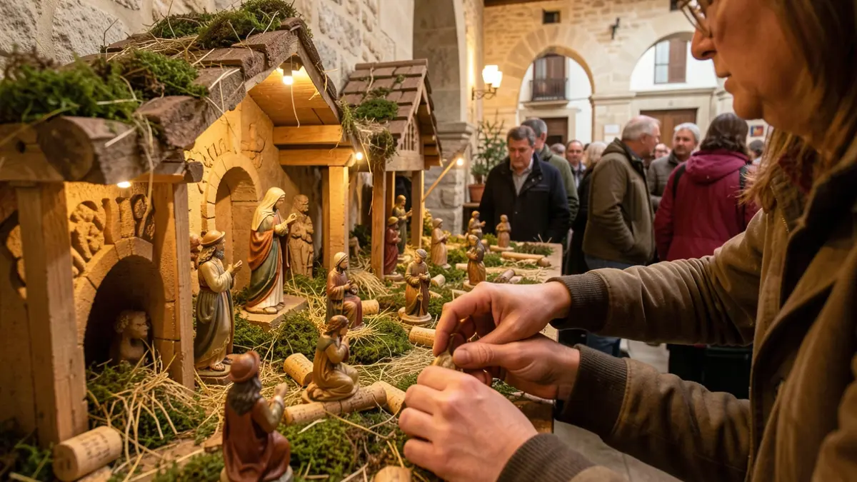 Muntatge d'un pessebre nadalenc tradicional català amb detalls de les figures i elements decoratius.