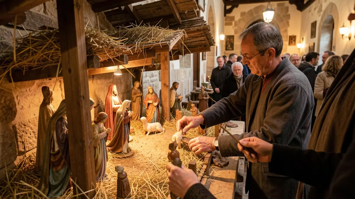 Muntatge d'un pessebre nadalenc amb detalls tradicionals.