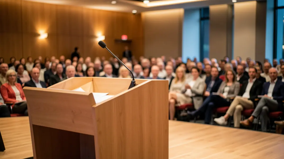 Generic image of a conference room with a podium and microphones.