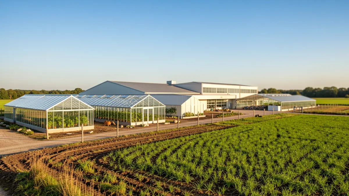 Generic image of an agricultural research center with greenhouses and fields.