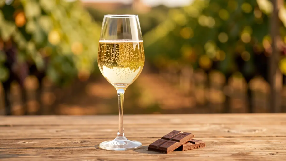 Copa de cava y chocolate artesanal sobre mesa de madera.