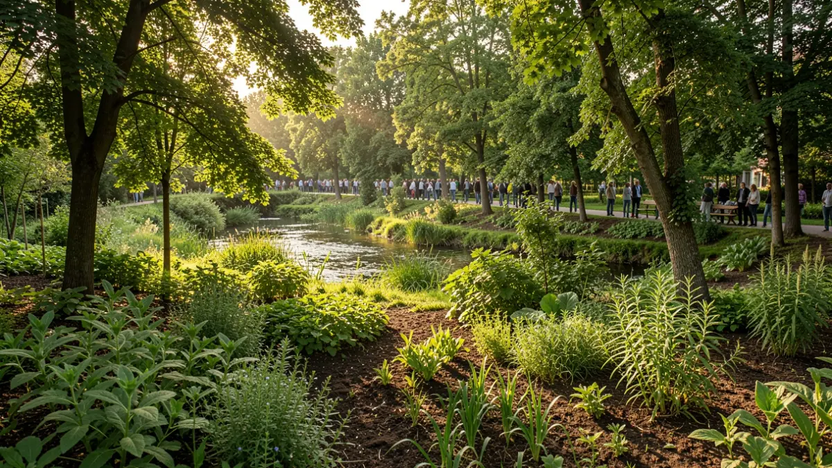 Image of a regenerative agroforestry system with diverse vegetation and a stream.