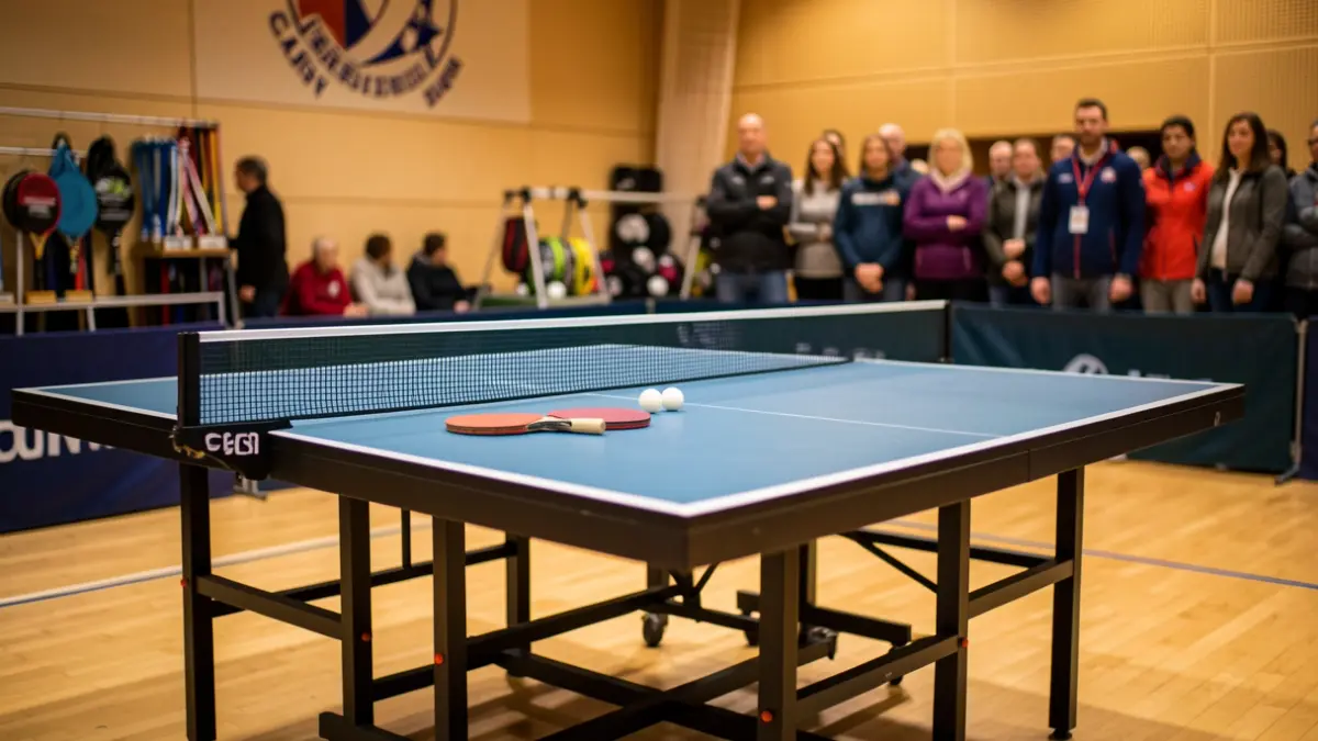 Table tennis table with paddles and balls.