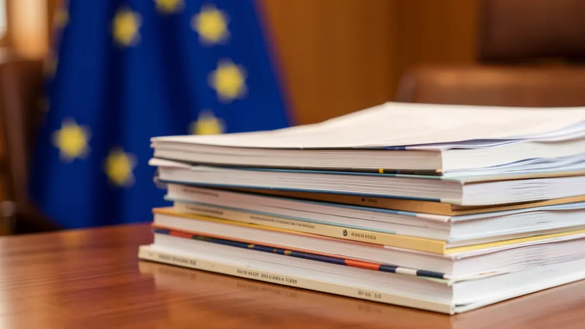 Generic image of books and papers on a desk with a European flag in the background.