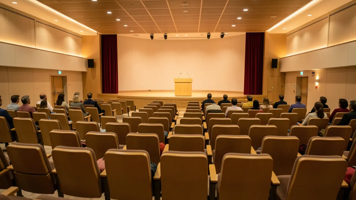 Auditorio de hospital vacío con atril y micrófonos.