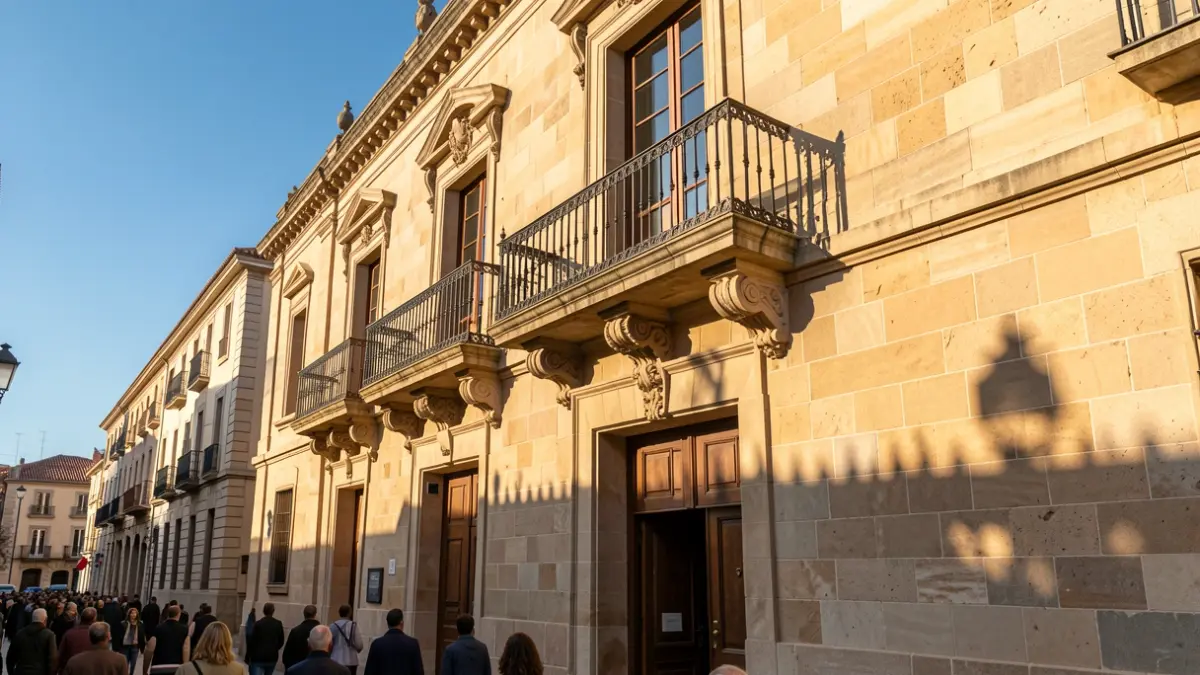 Generic image of a Catalunya town hall facade with balcony and iron railings, warm afternoon light, and blue sky.