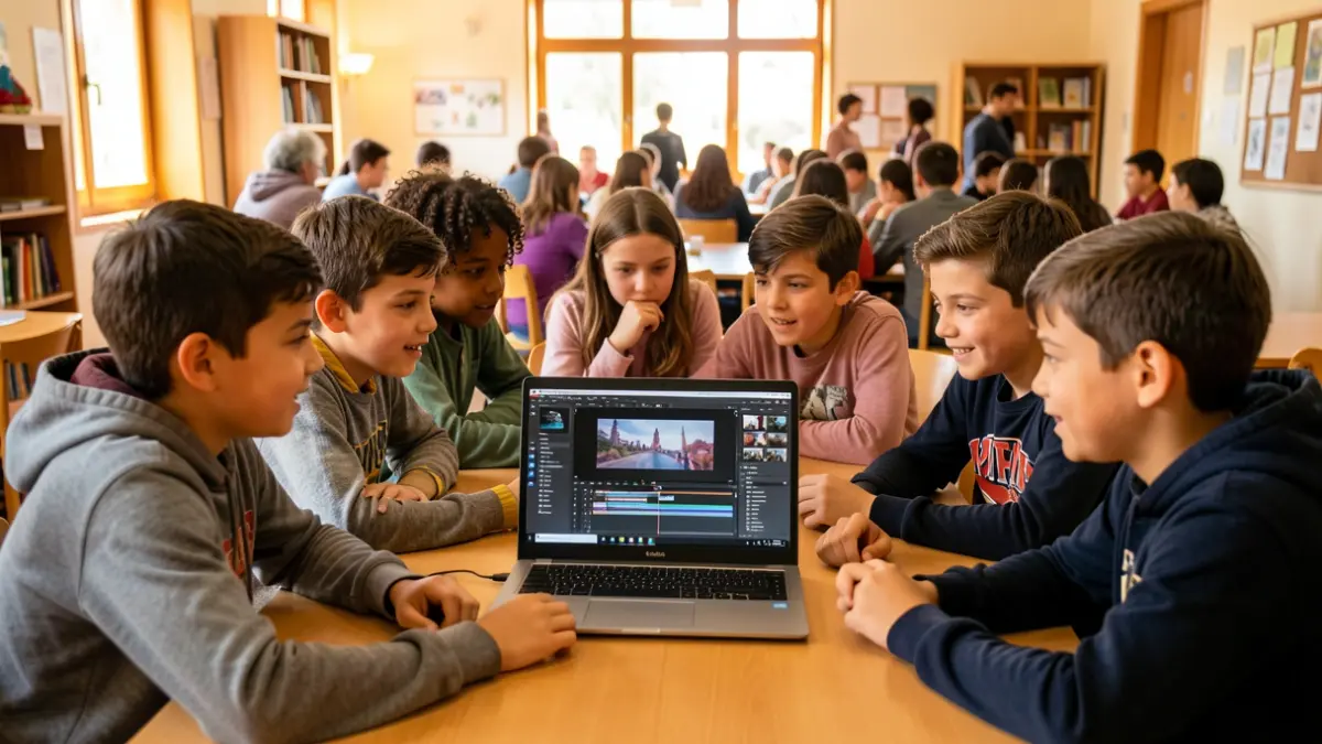 Nens i adolescents de Rubí participant en un taller de creació cinematogràfica comunitària.