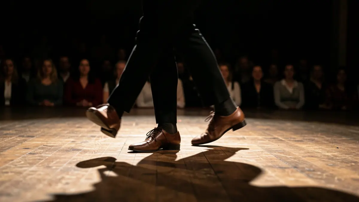 Dancer's feet in motion on a wooden stage under a spotlight.