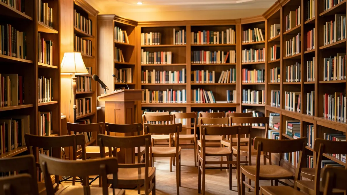 Generic image of a library with books and a podium.