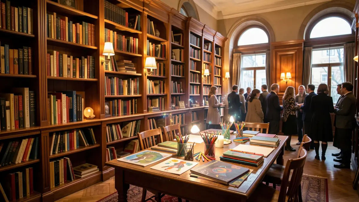 Interior de una biblioteca con estanterías, material de manualidades y elementos mágicos.