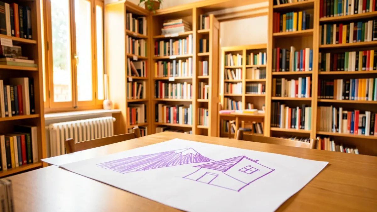 Generic image of a library with books and a child's drawing.