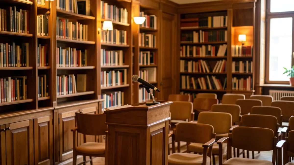 Imatge genèrica d'una biblioteca amb prestatgeries i un espai per a presentacions culturals.