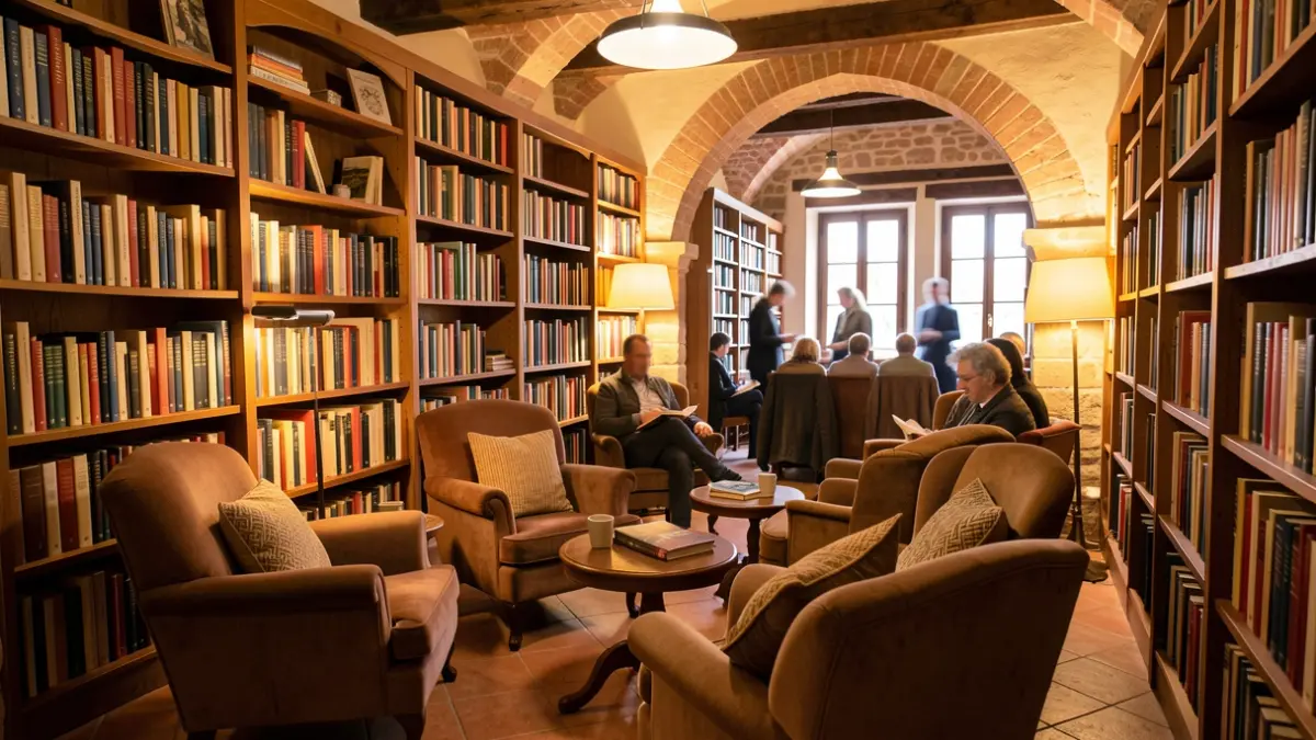 Interior de una biblioteca con estanterías llenas de libros y sillas cómodas, iluminación cálida.