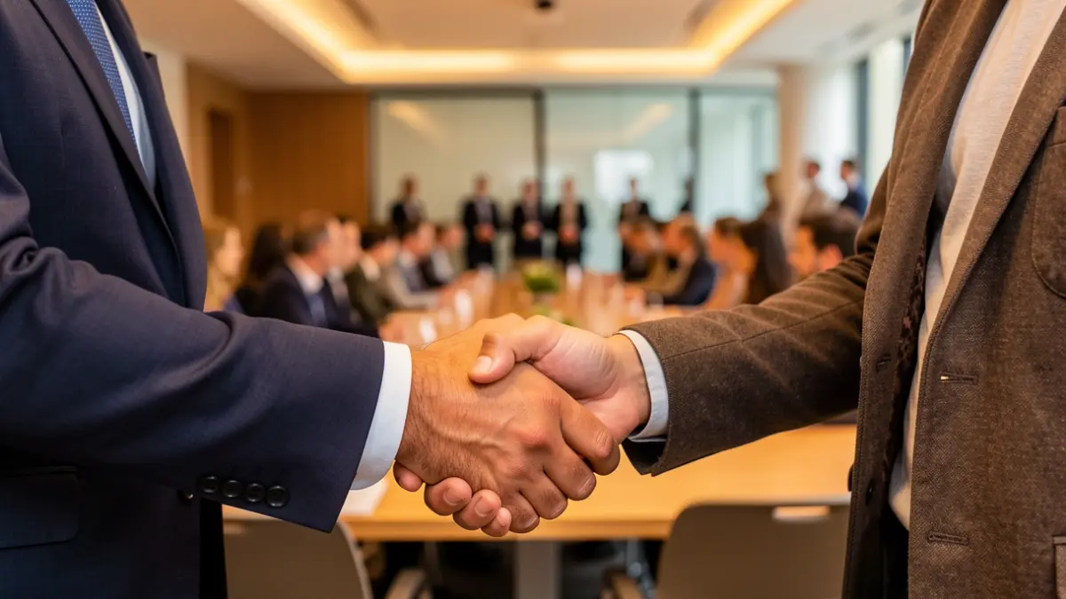 Imatge genèrica de dues persones donant-se la mà en una reunió d'empresa.