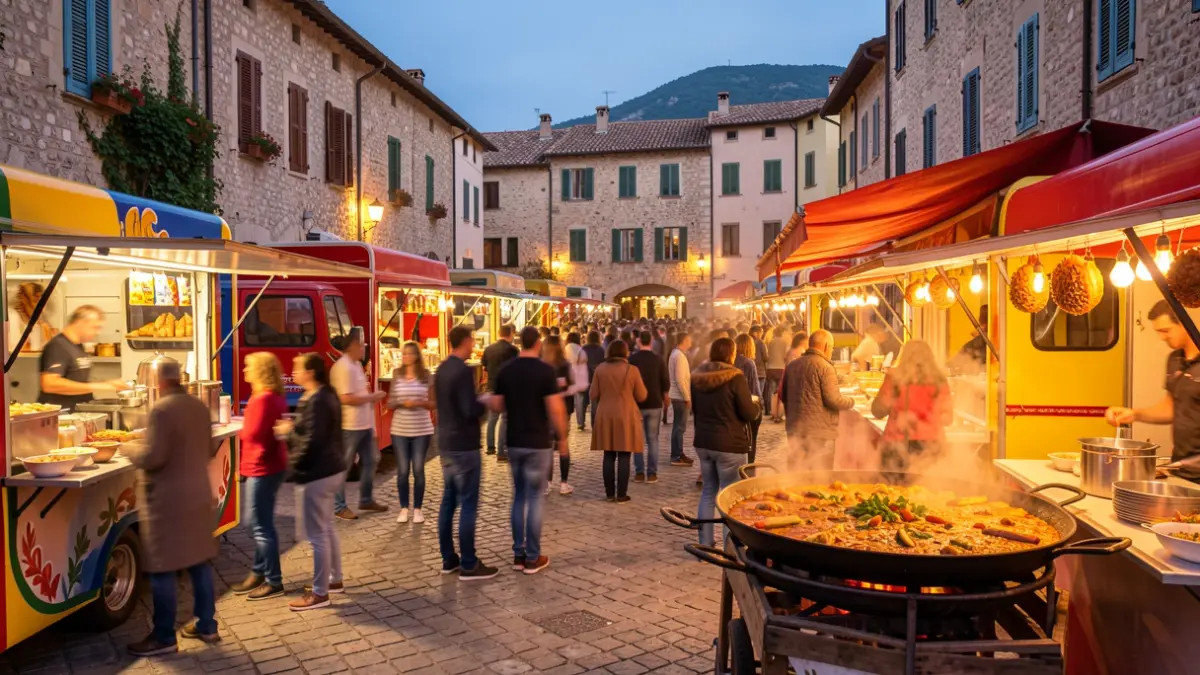 Generic image of an outdoor food festival at dusk.