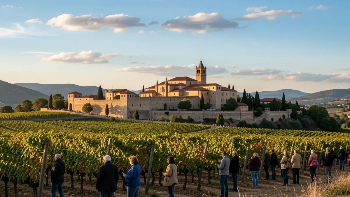 Vista del Monasterio de Poblet y viñedos en la Conca de Barberà.