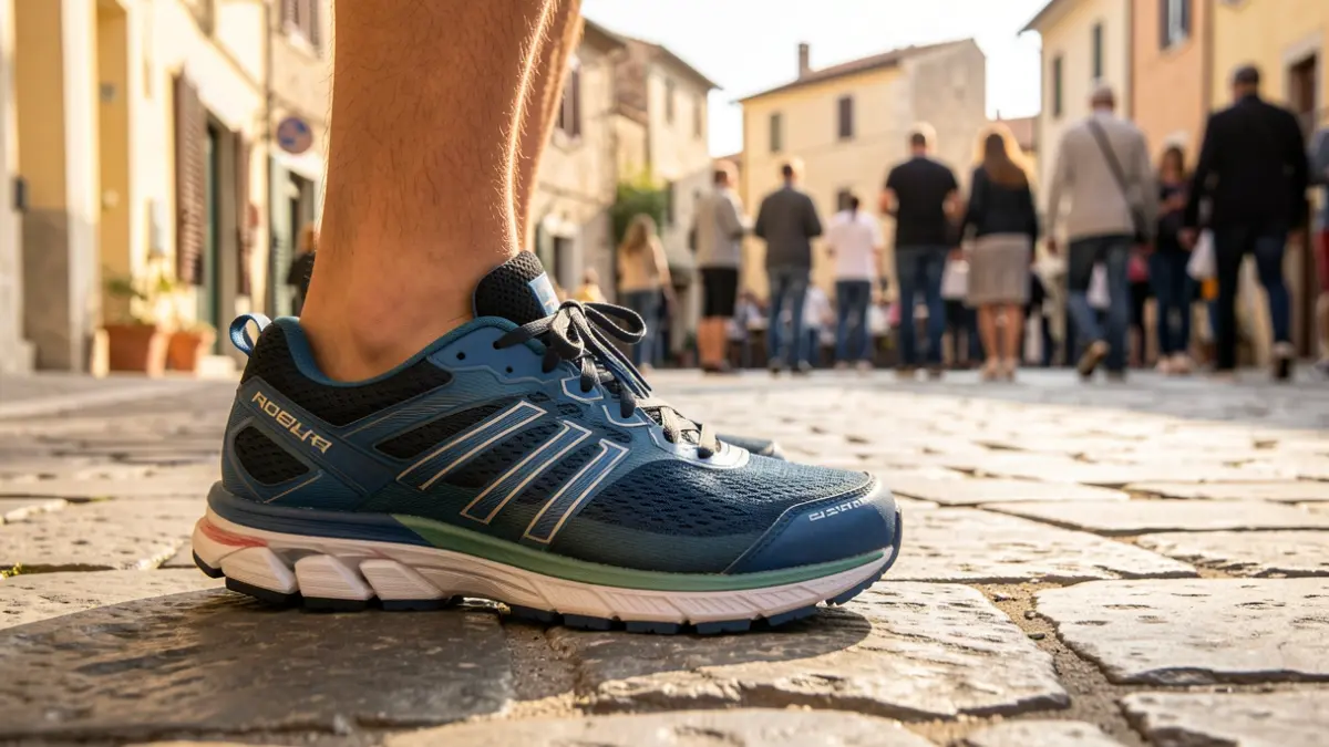 Generic image of a running shoe on a cobblestone street.
