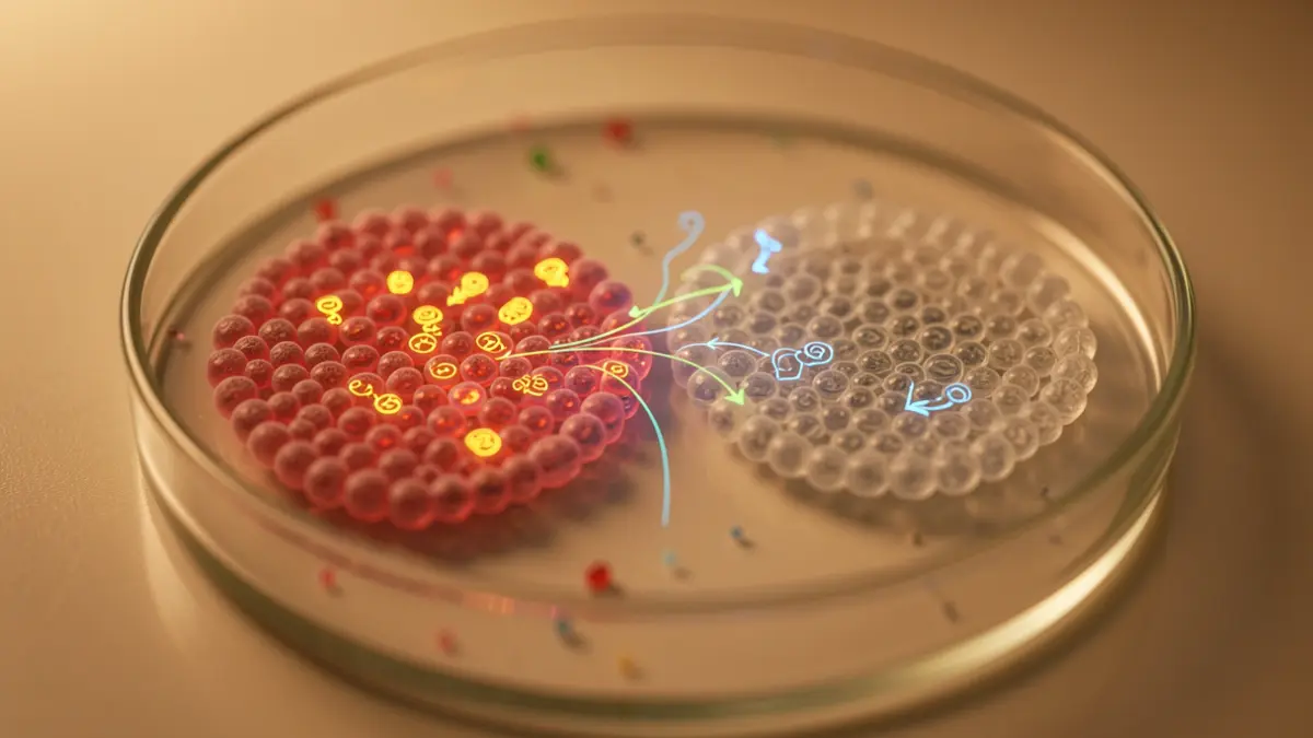 Imagen genérica de colonias bacterianas interactuando en una placa de laboratorio.