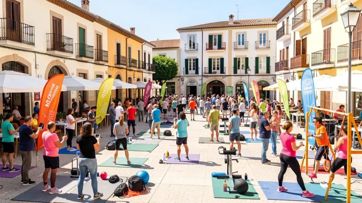Imatge genèrica d'una plaça de poble plena d'activitats saludables.
