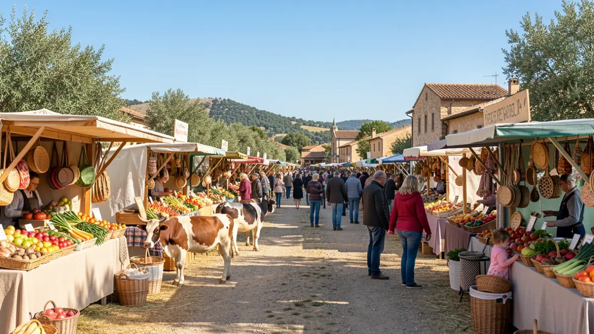 Imatge genèrica d'una fira rural catalana amb parades, pagesia i activitats familiars.