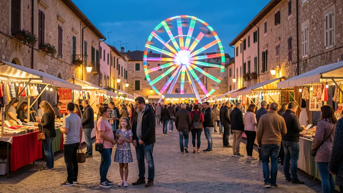 Generic image of a fair with attractions in a Mediterranean town square at dusk.