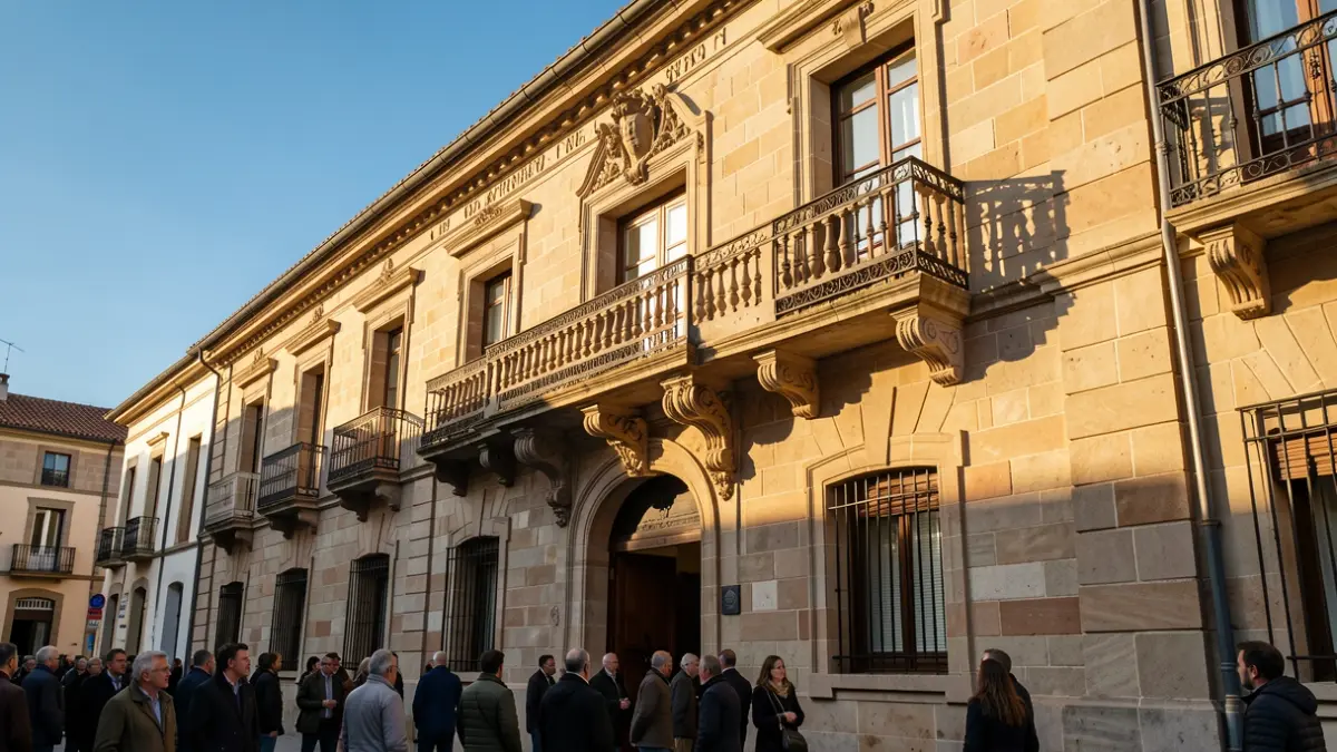 Generic image of a Catalunya town hall facade with balcony and iron railings, warm afternoon light, and blue sky.