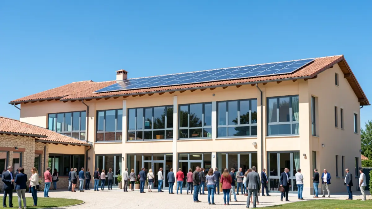 Imatge genèrica d'un centre educatiu amb plaques solars.