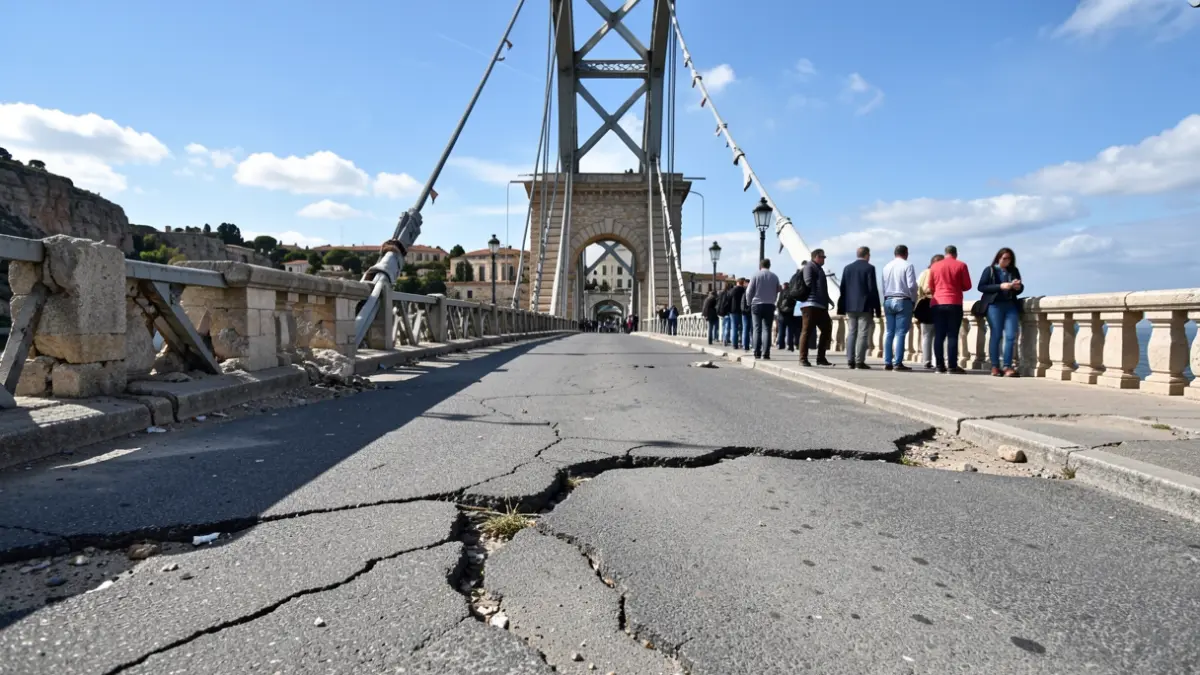 Imagen de un puente deteriorado con partes rotas y pavimento desgastado.