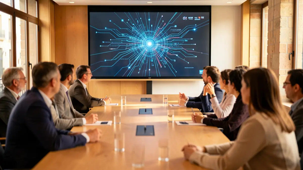 Sala de conferencias con pantalla de IA y asistentes.